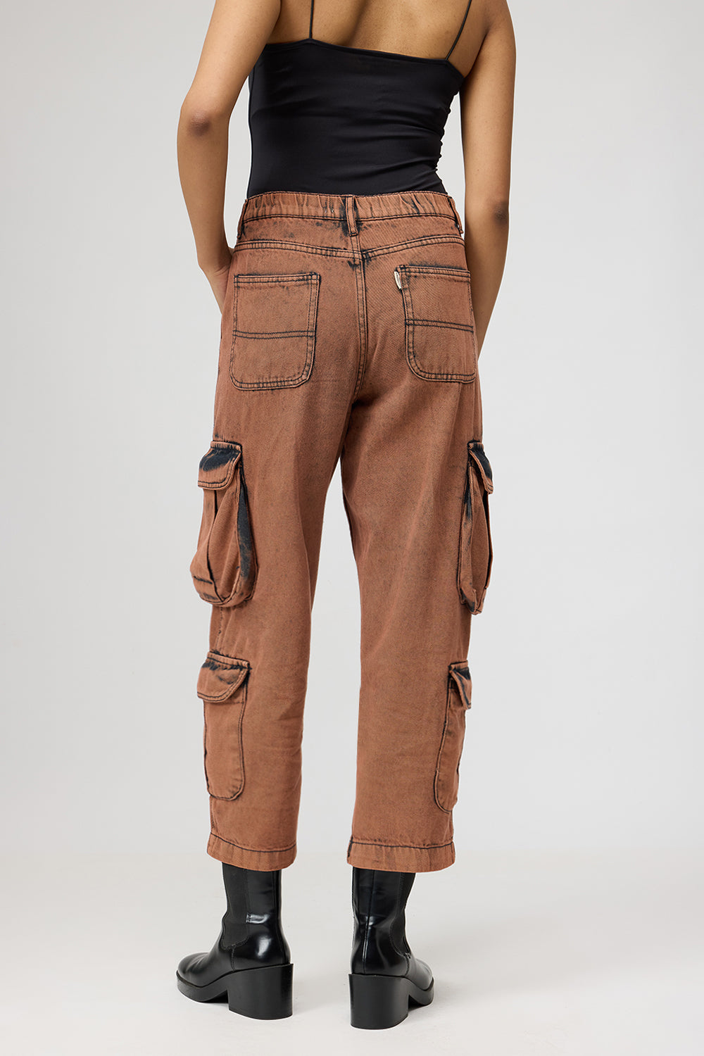 Brown Washed Cropped Cargo Jeans