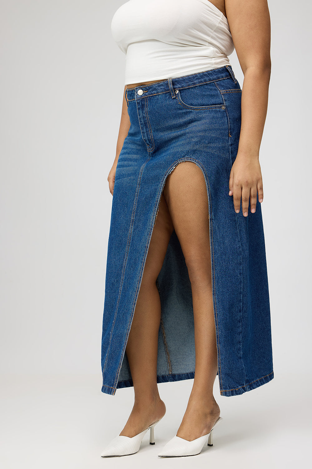 Curve Front Open Slit Blue Midi Skirt