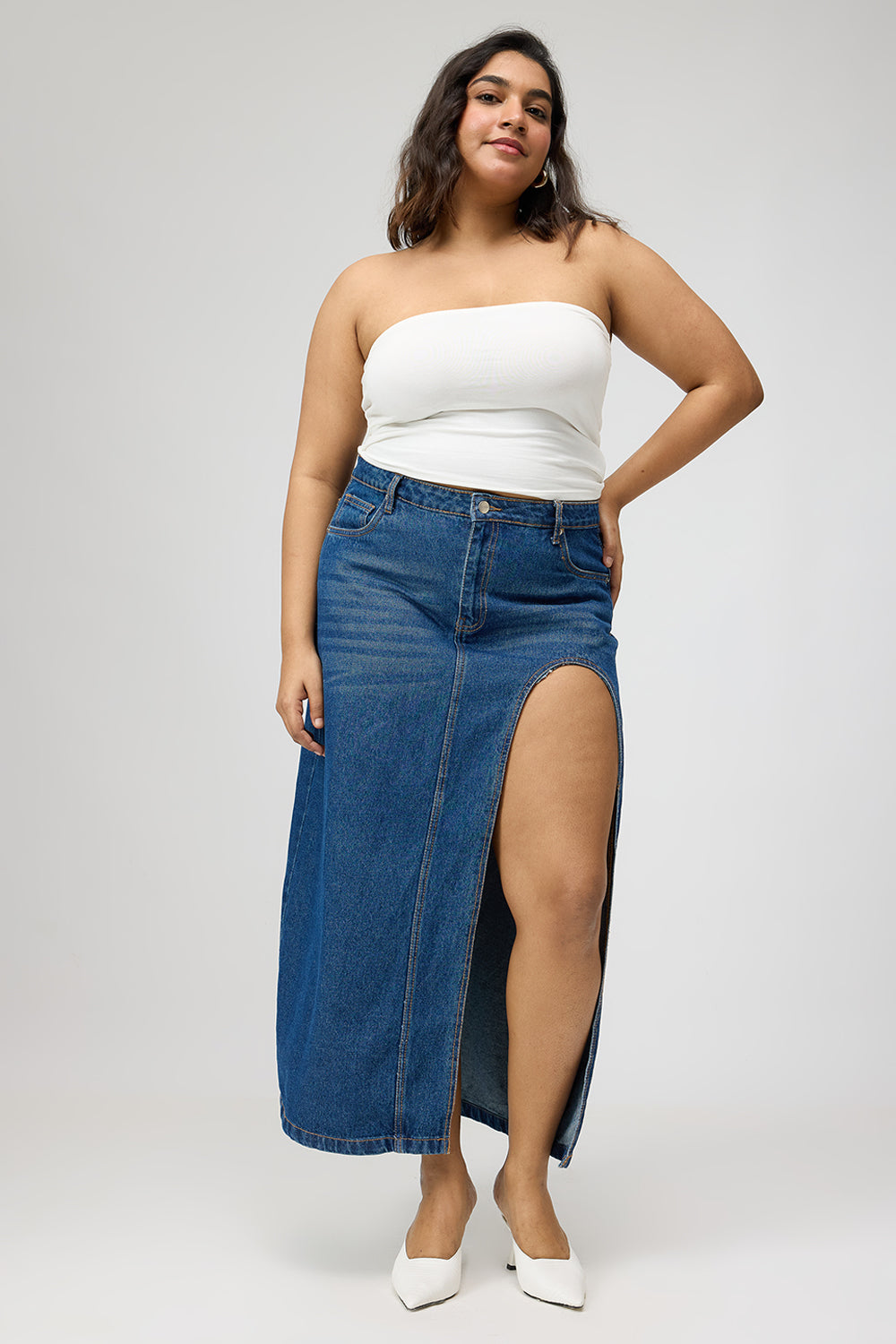 Curve Blue Curved Slit Midi Skirt