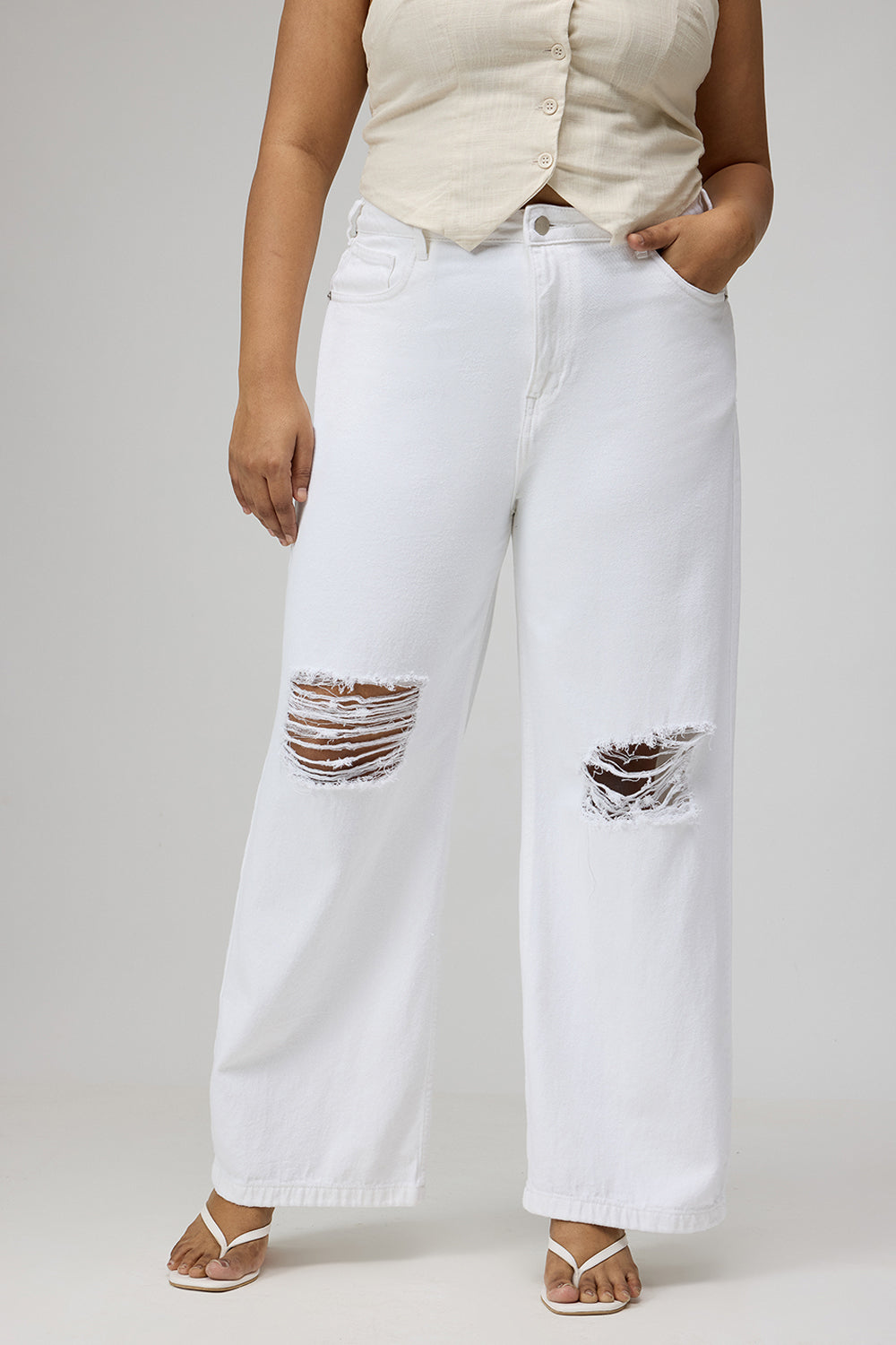 Curve Glacial White Ripped Wide-Leg Jeans