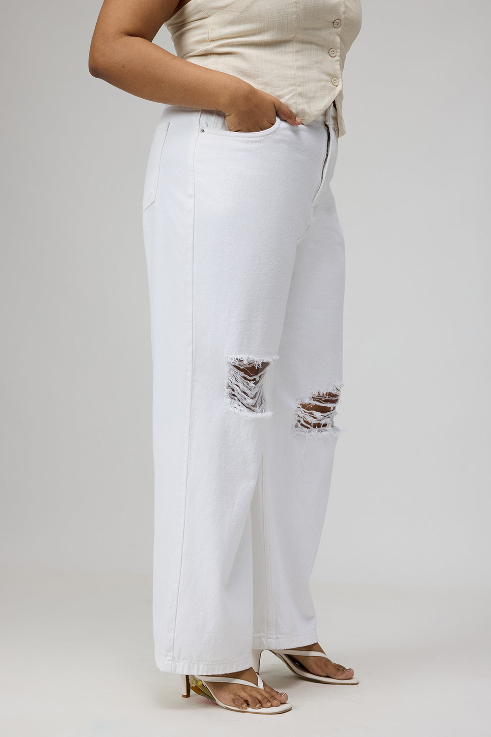 Curve Glacial White Ripped Wide-Leg Jeans