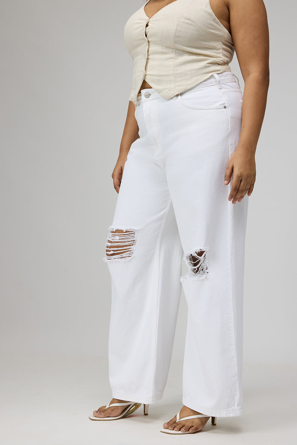 Glacial White Ripped Wide-Leg Jeans