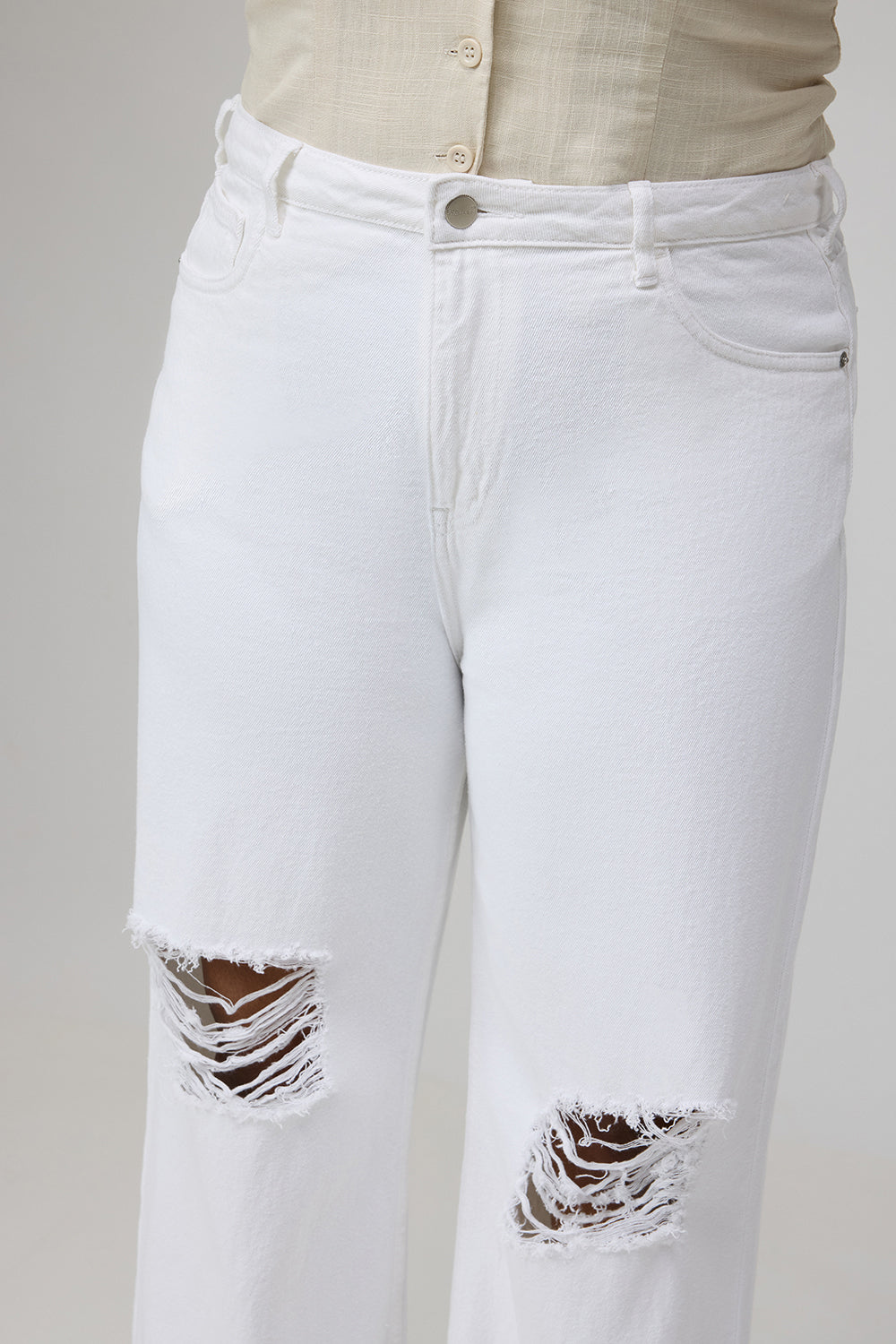 Glacial White Ripped Wide-Leg Jeans