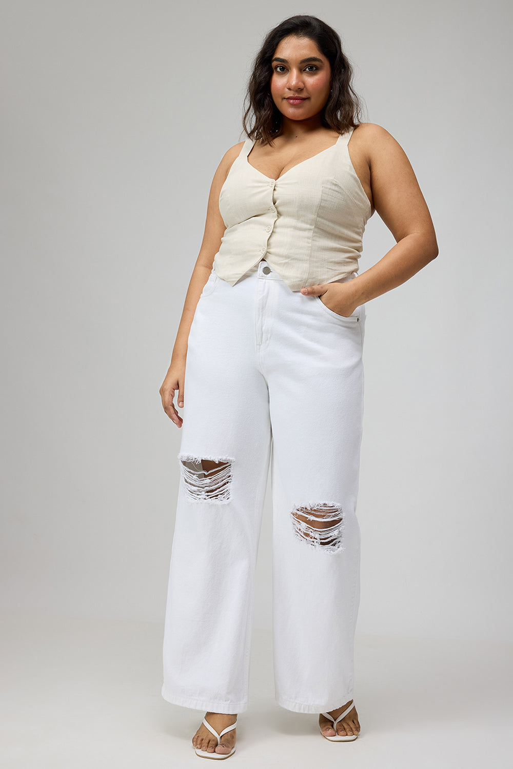 Glacial White Ripped Wide-Leg Jeans