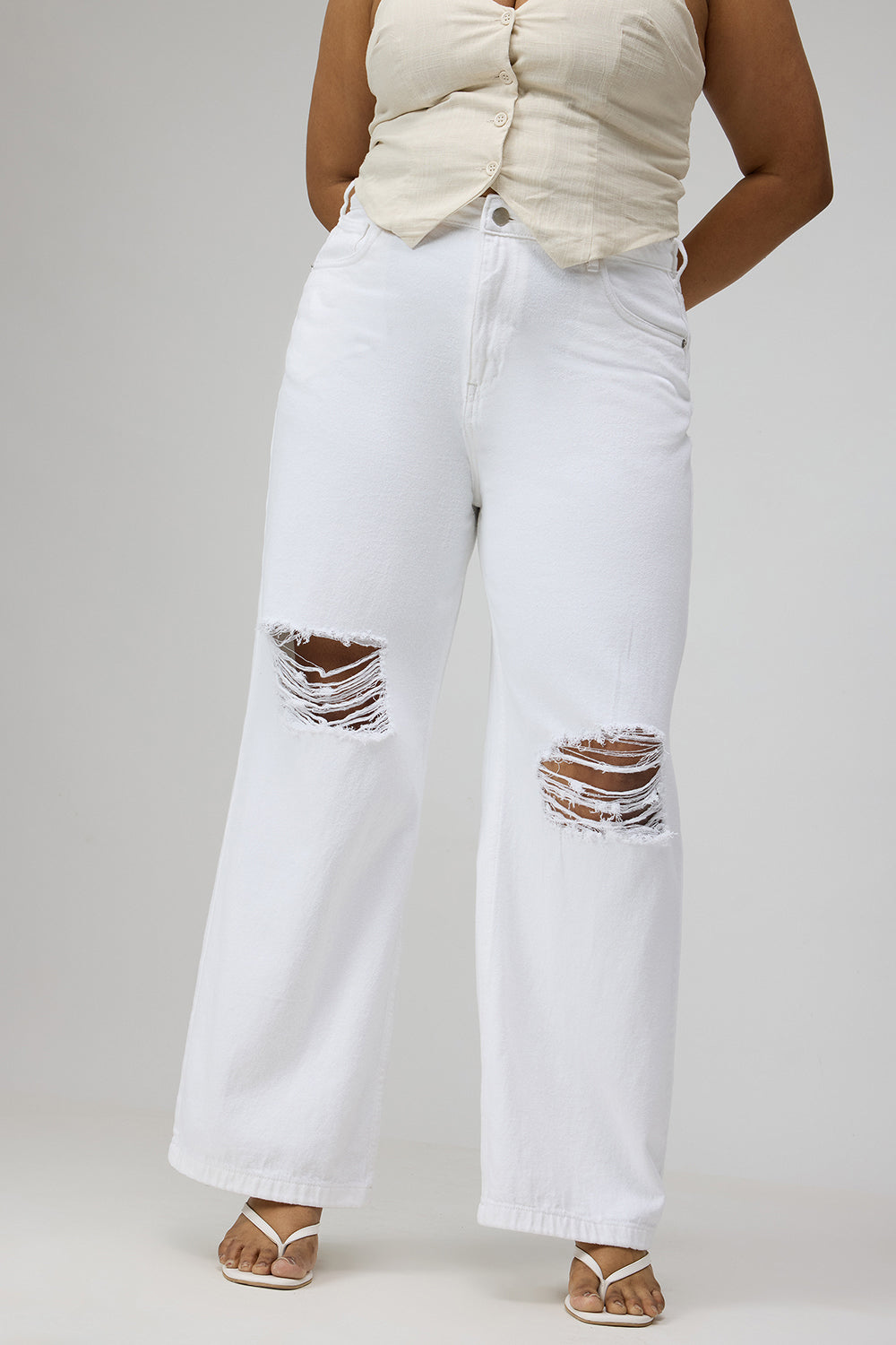 Glacial White Ripped Wide-Leg Jeans