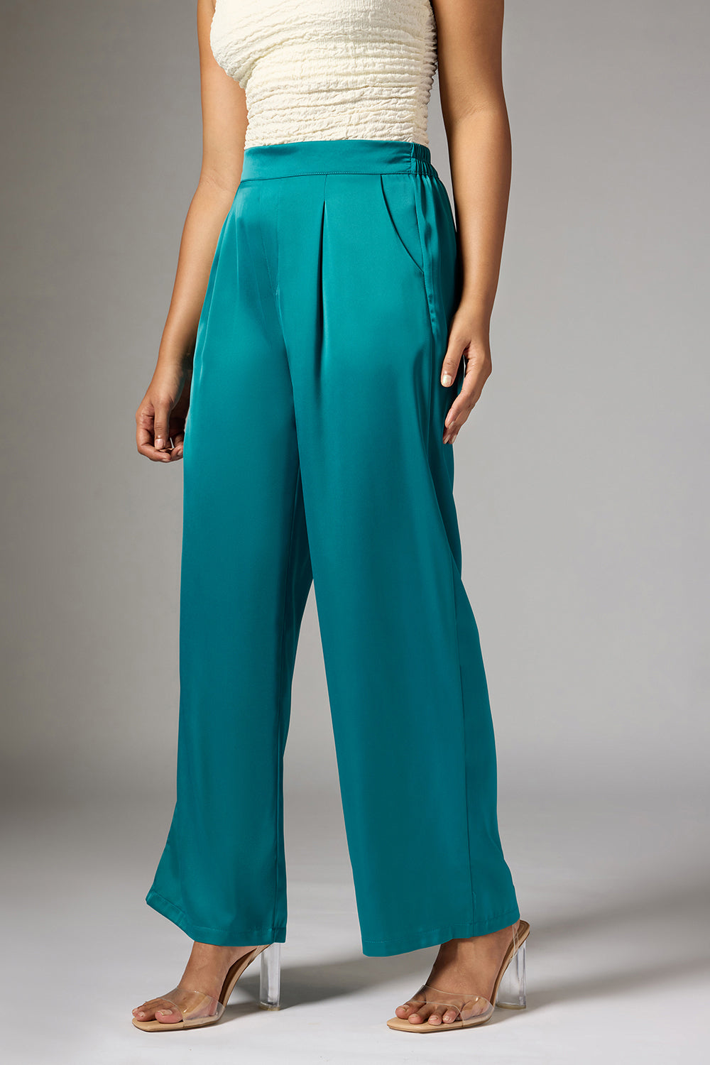 Opal Green Satin Straight Korean Pants