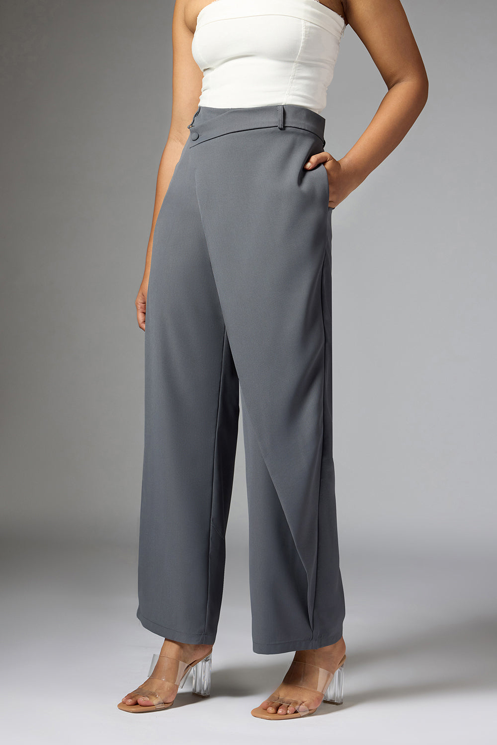 Frost Grey Wrap Front Korean Pants