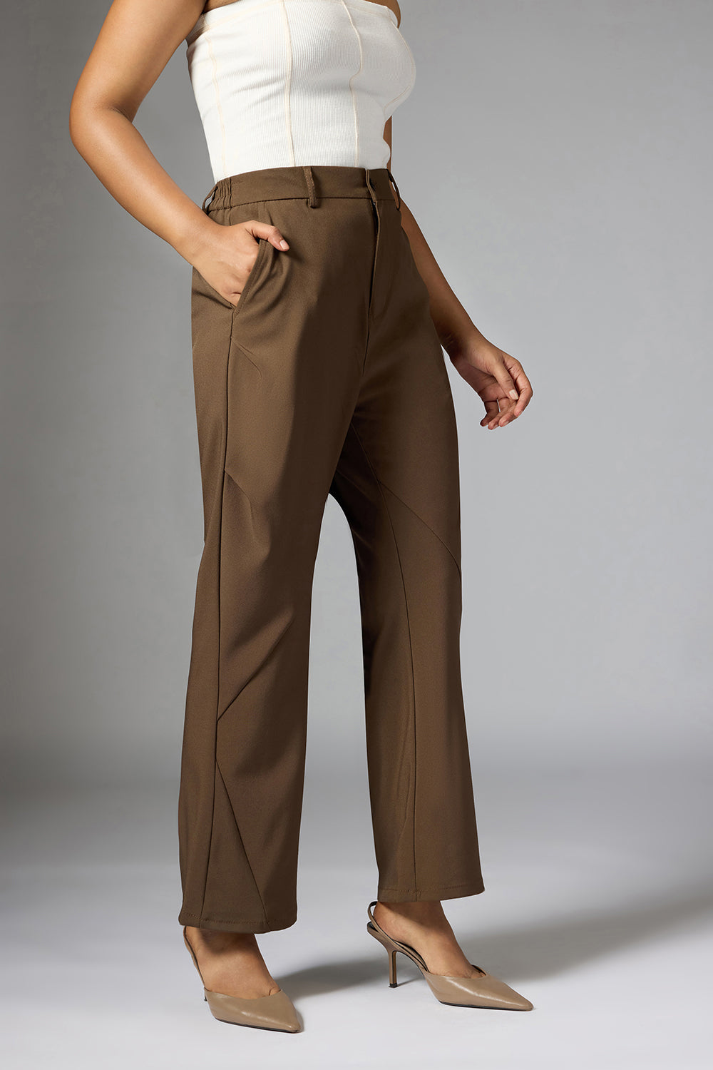 Taupe Panelled Bootcut Korean Pant