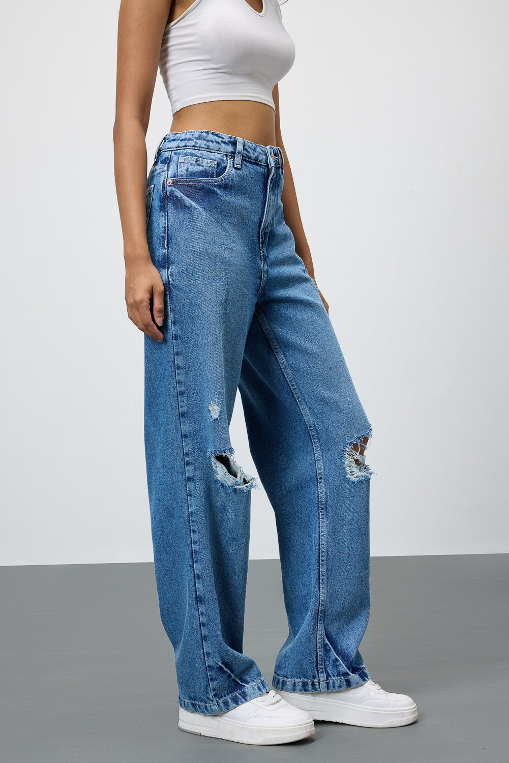 Mid Blue Grunge Style Ripped Jeans