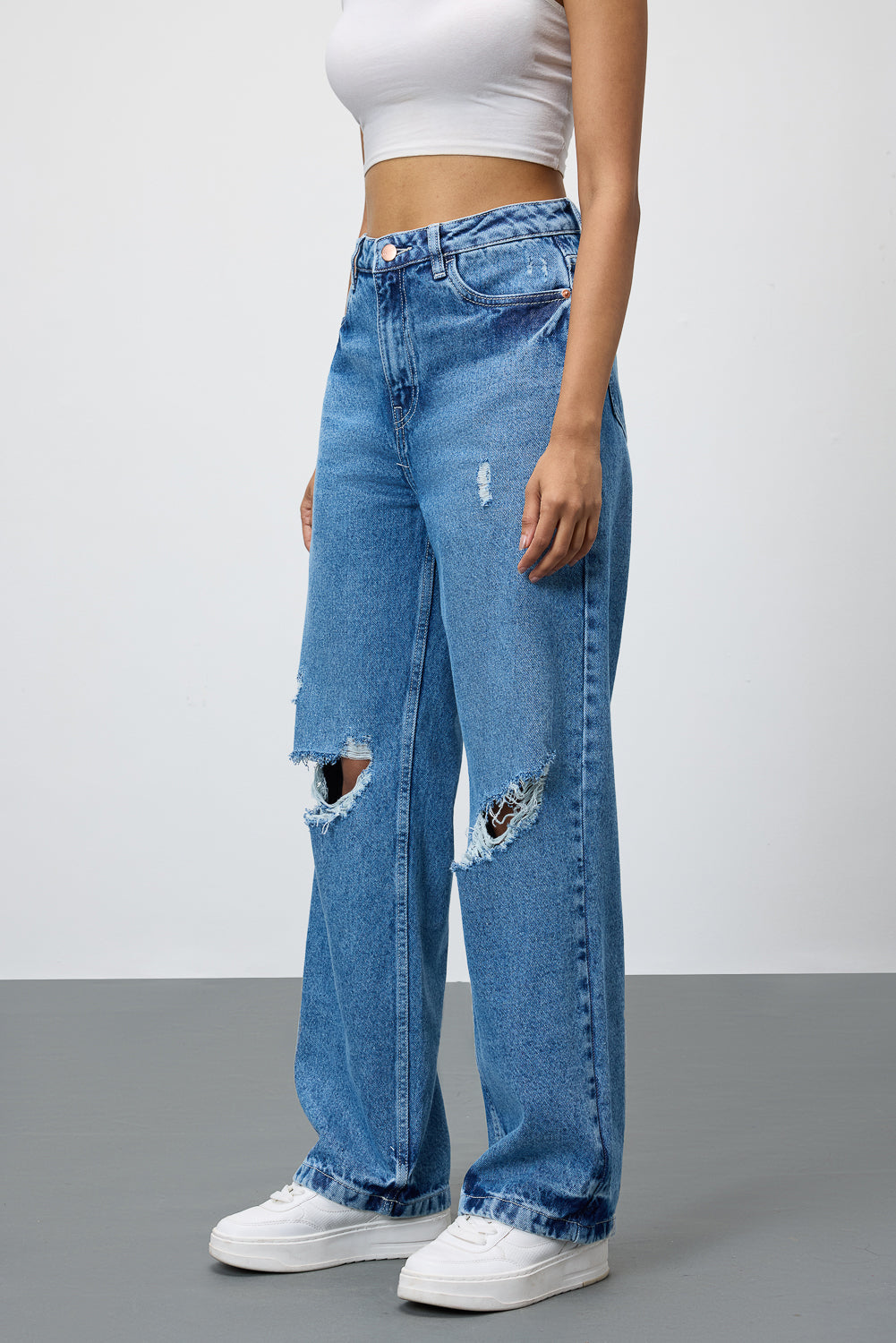 Mid Blue Grunge Style Ripped Jeans