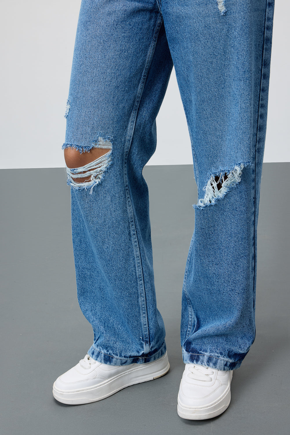 Mid Blue Grunge Style Ripped Jeans