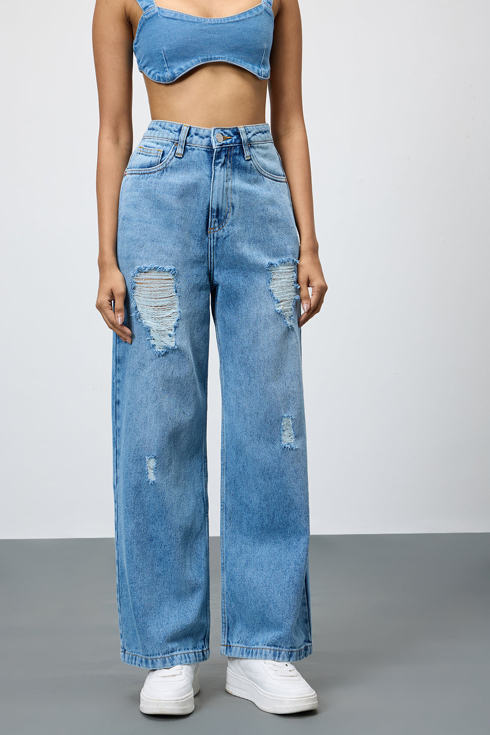 Tempest Blue Mid Distressed Wide Cut Denim Jeans