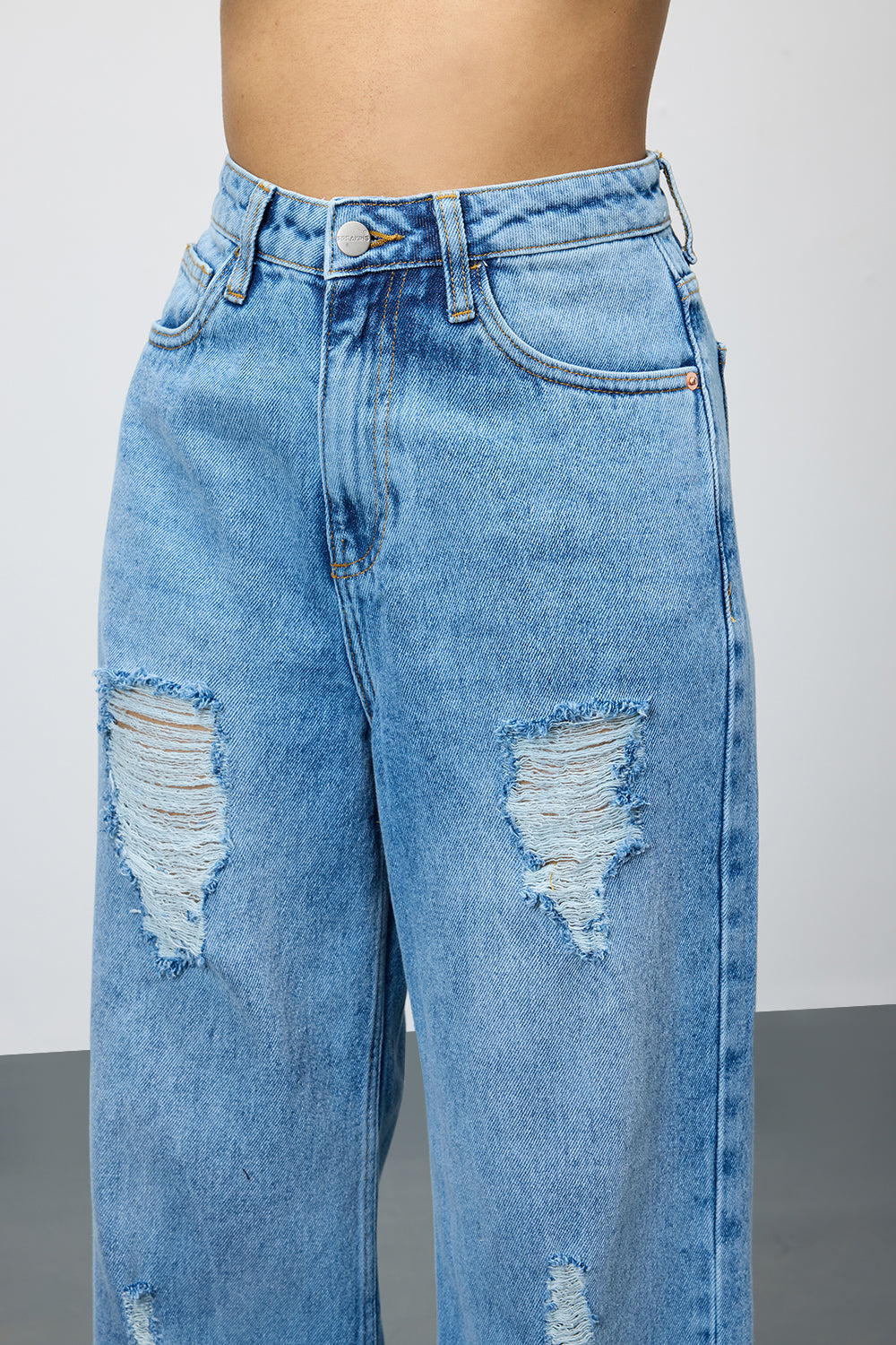 Tempest Blue Mid Distressed Wide Cut Denim Jeans