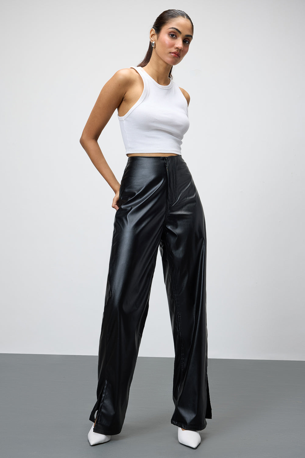 Slit-Hem Black Leather Pants