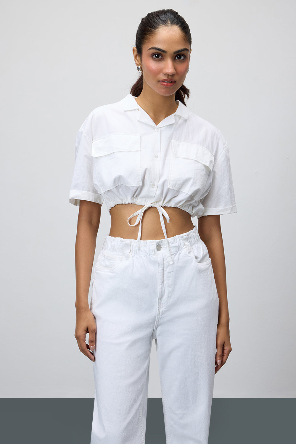 White Tie-Hem Crop Shirt