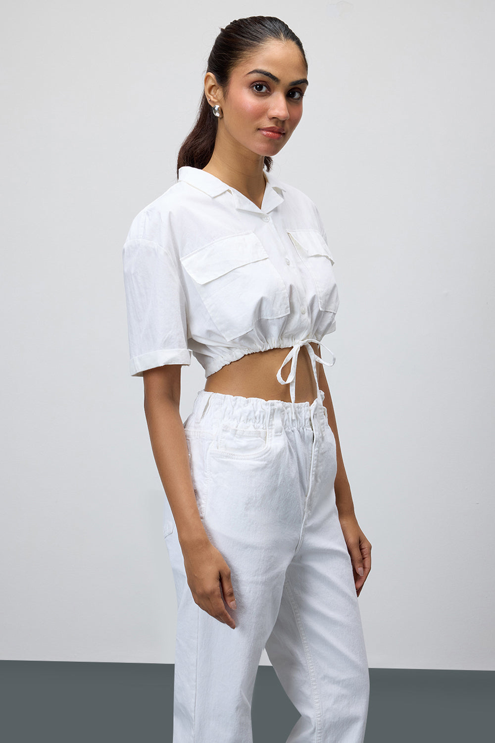 White Tie-Hem Crop Shirt