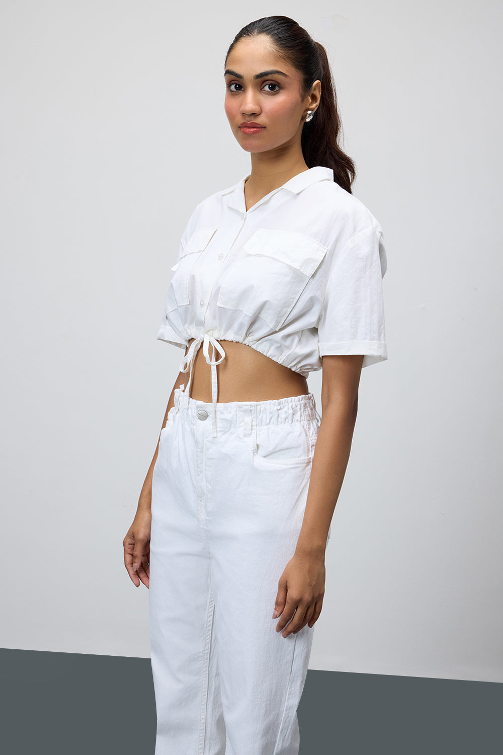 White Tie-Hem Crop Shirt