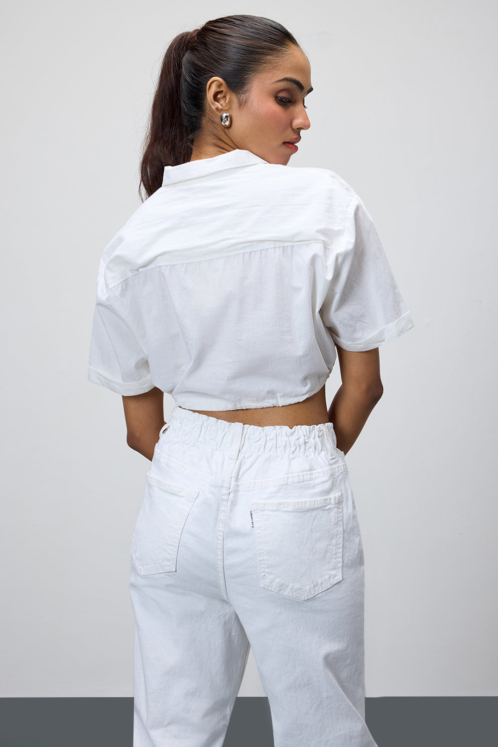 White Tie-Hem Crop Shirt