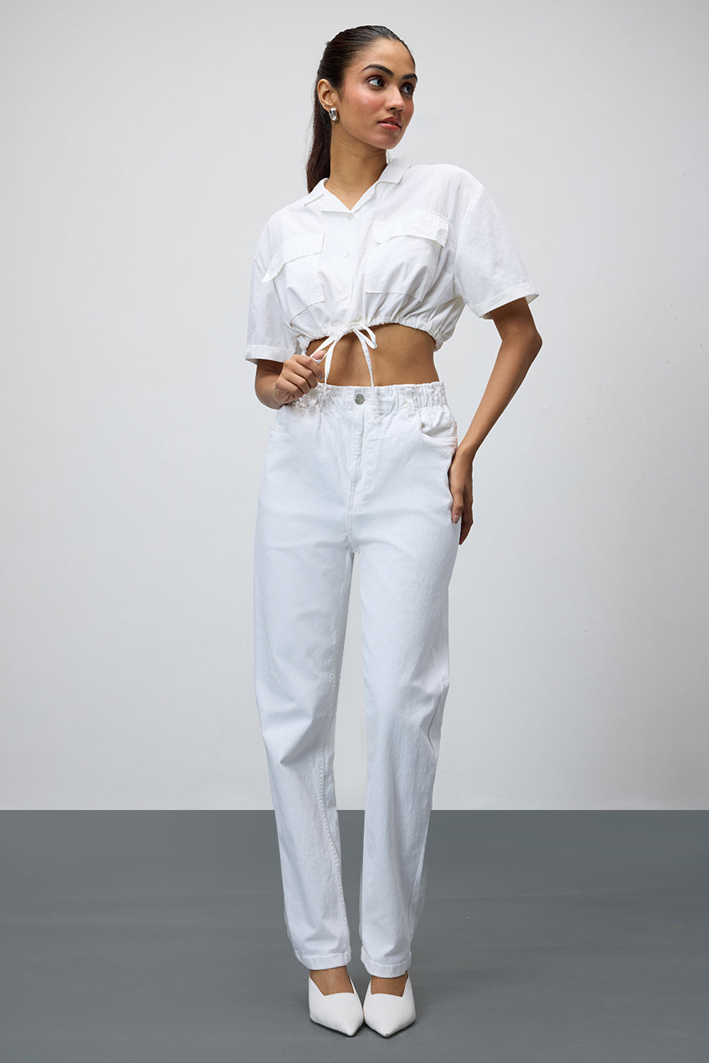 White Tie-Hem Crop Shirt