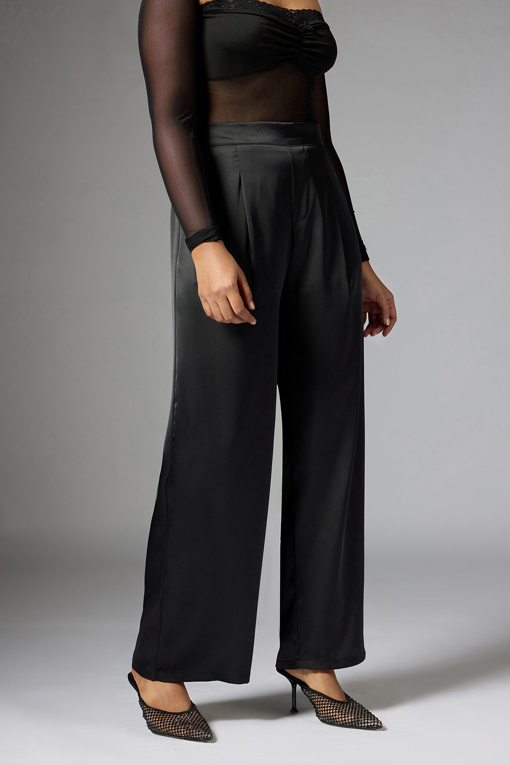 Shadow Black Satin Straight Korean Pants