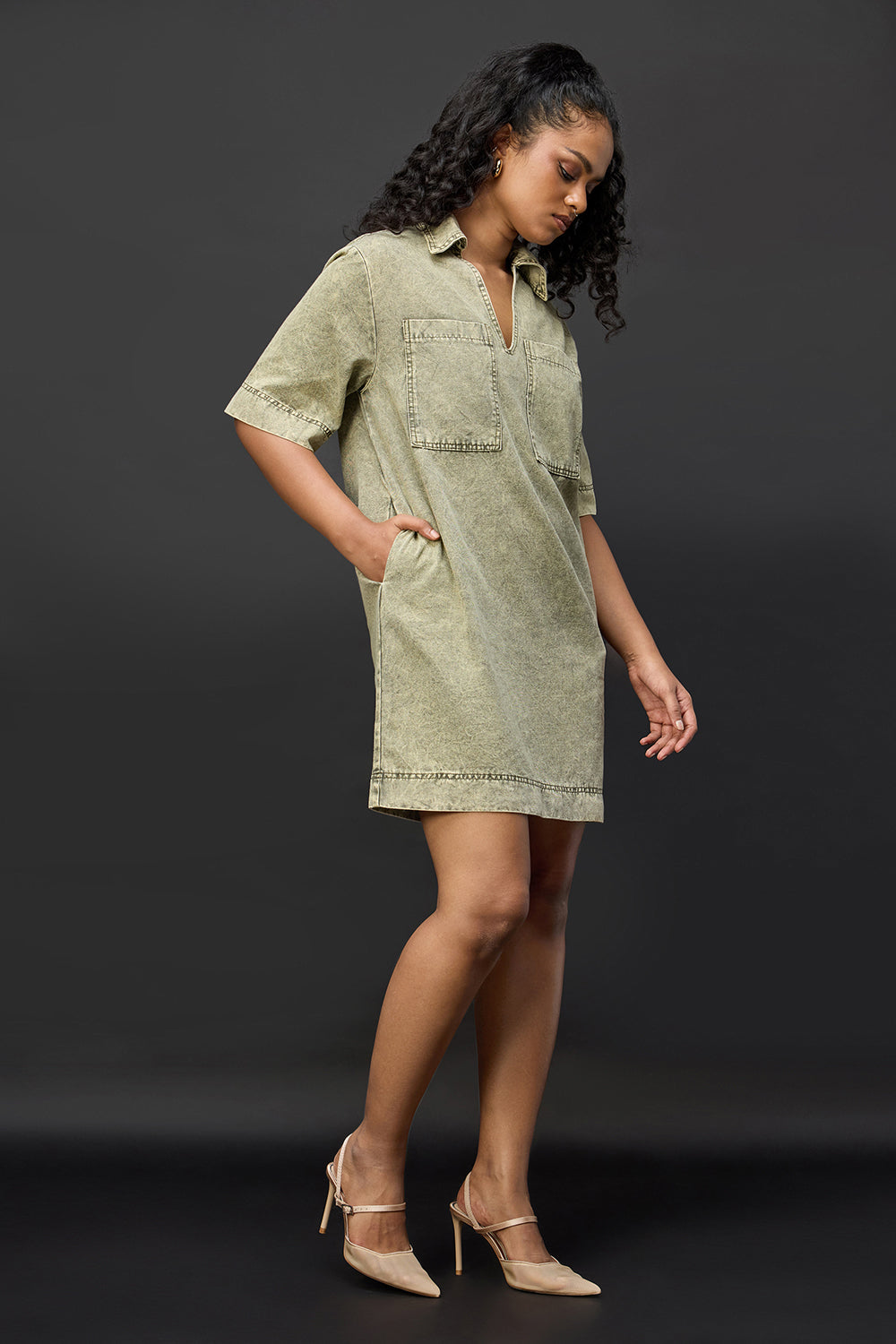 Dusky Green Denim Boxy Shirt Dress