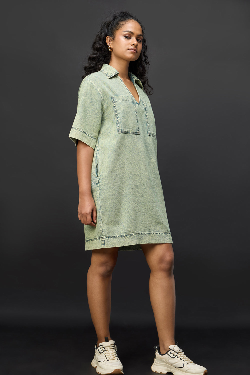 Ocean Green Denim Boxy Shirt Dress