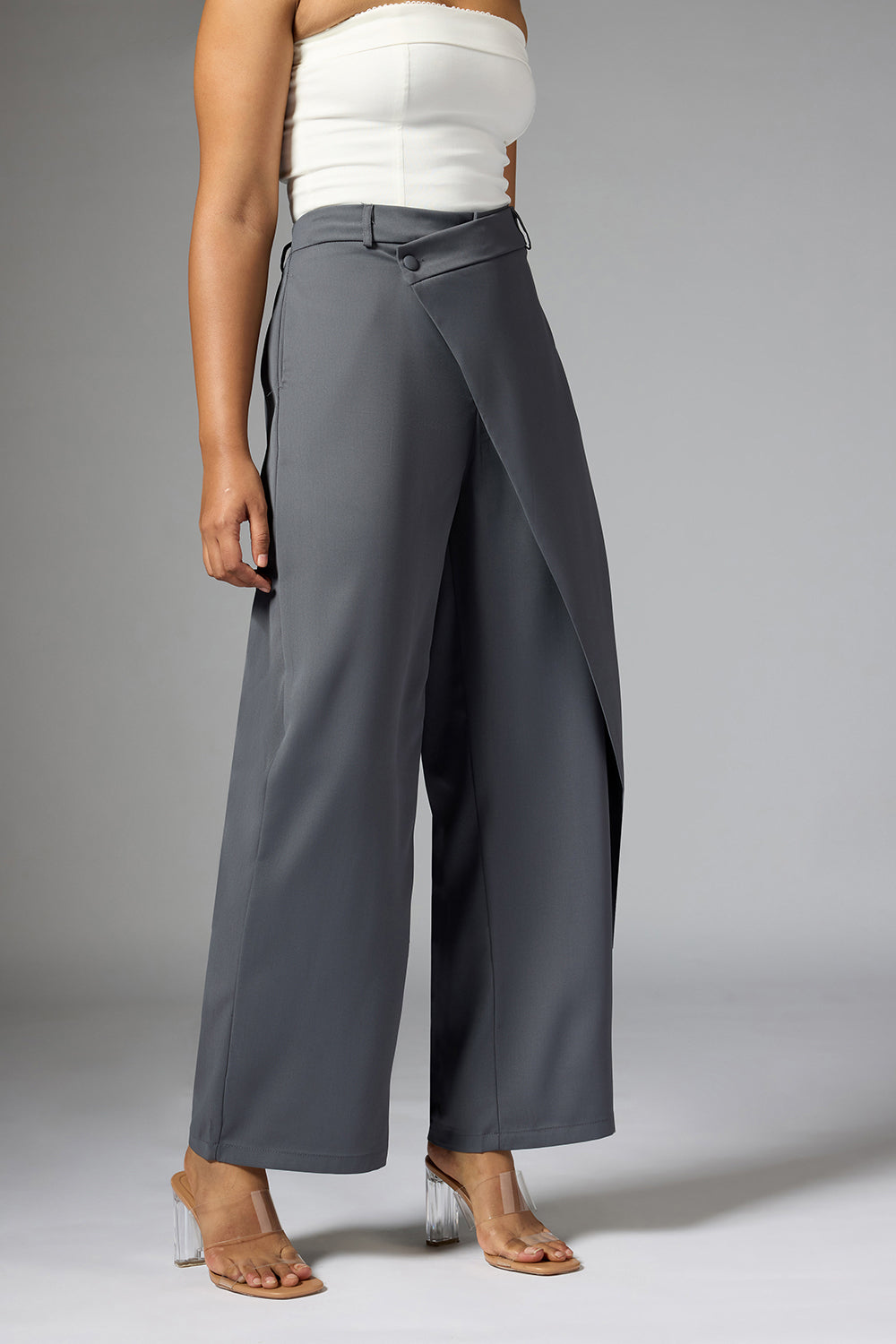 Frost Grey Wrap Front Korean Pants