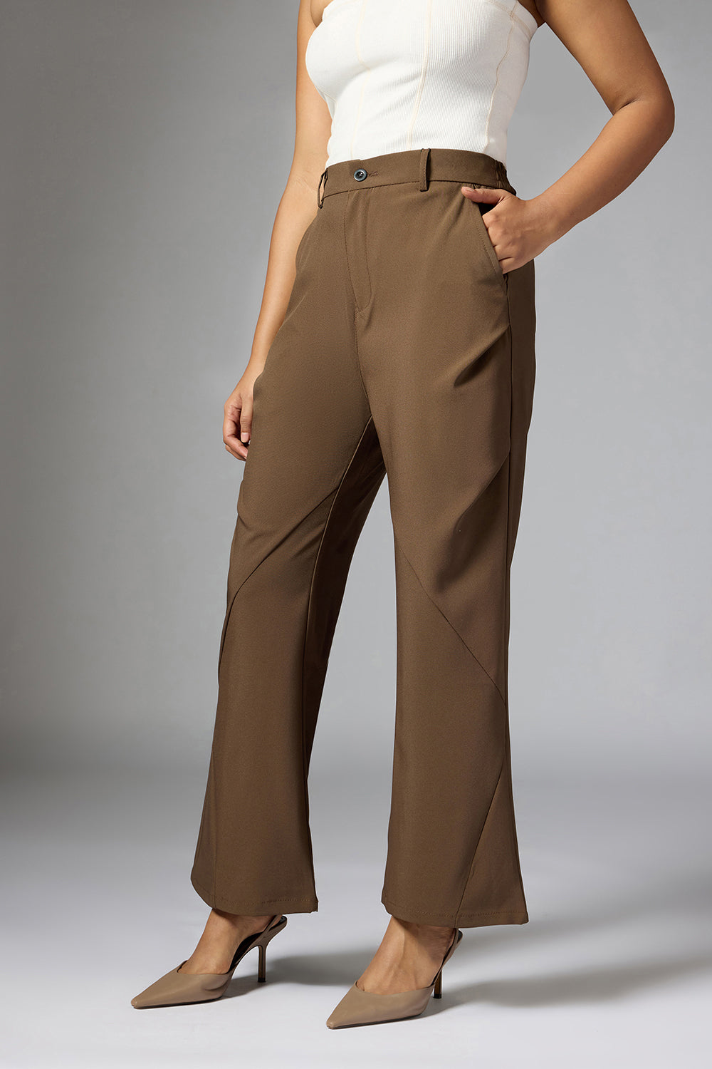 Taupe Panelled Bootcut Korean Pant