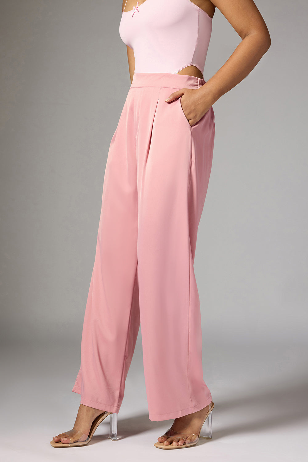 Quartz Pink Satin Straight Korean Pants