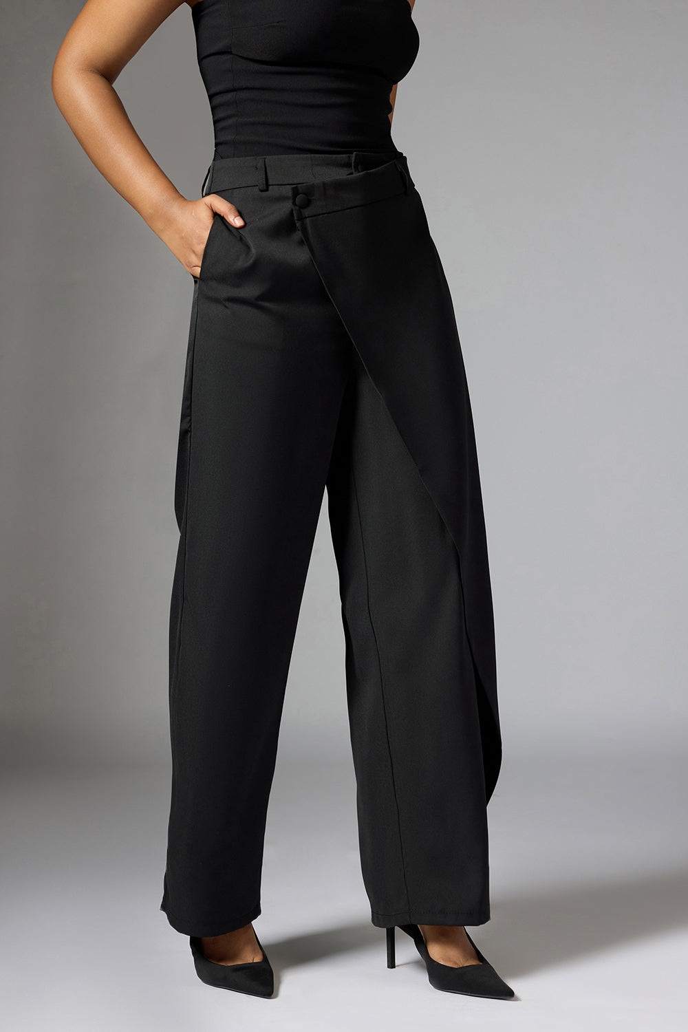 Onyx Black Wrap Front Korean Pants