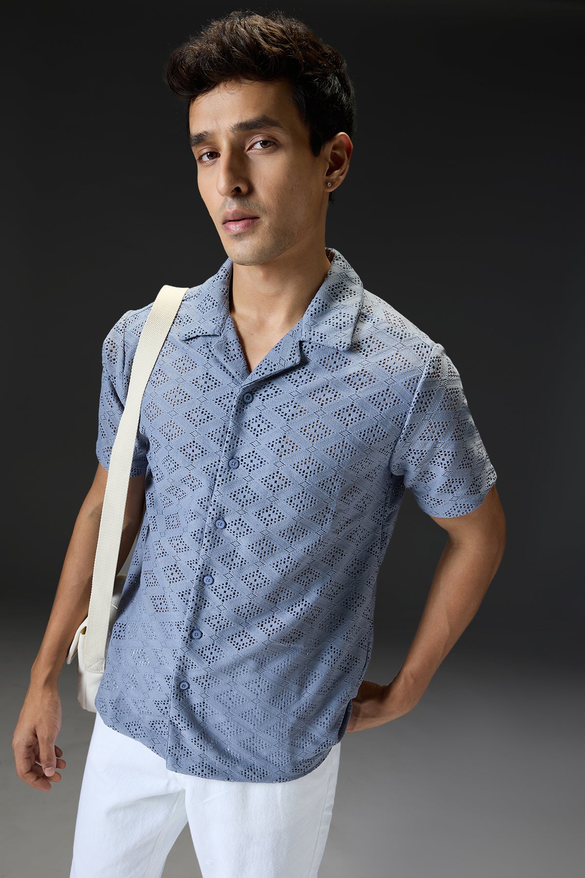 Textured Crochet Men's Shirt-Grey