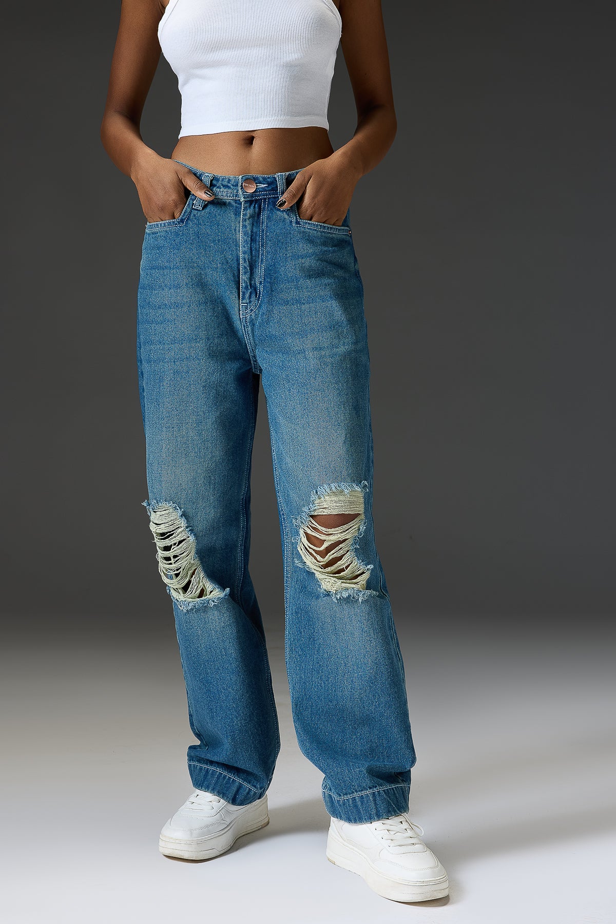 High Waist Flared Knee Distress Jeans