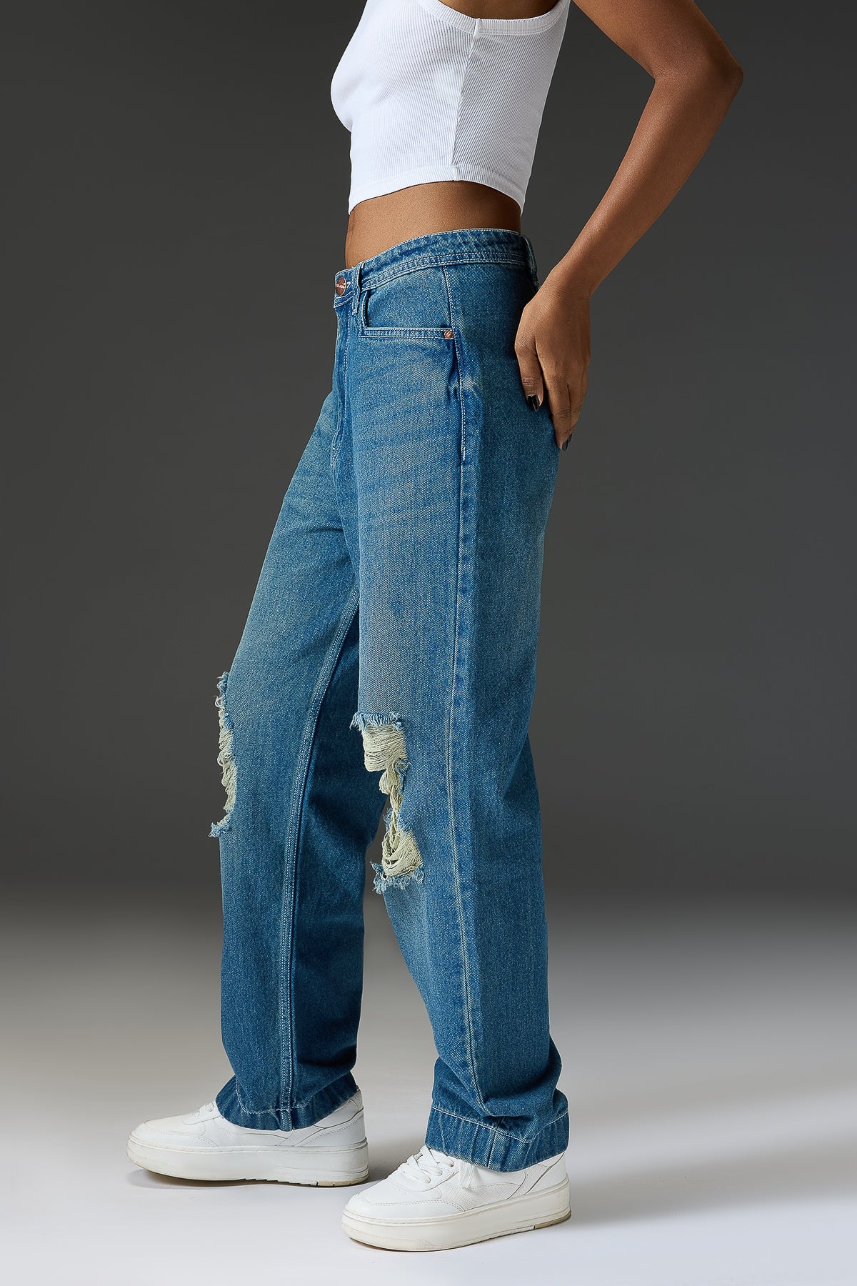 High Waist Flared Knee Distress Jeans