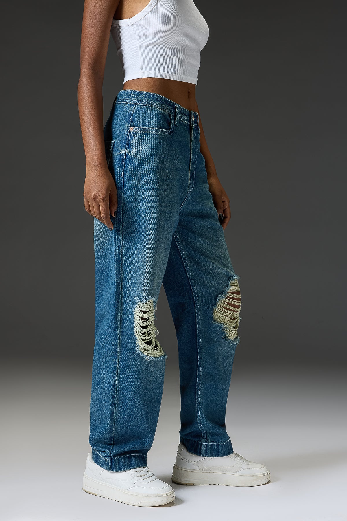 High Waist Flared Knee Distress Jeans