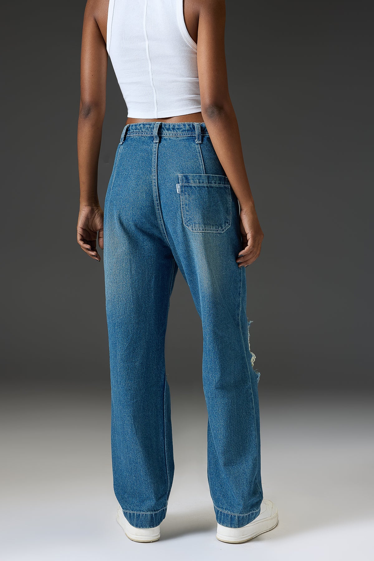 High Waist Flared Knee Distress Jeans