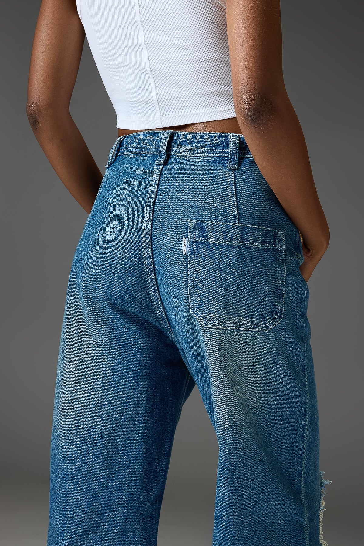 High Waist Flared Knee Distress Jeans