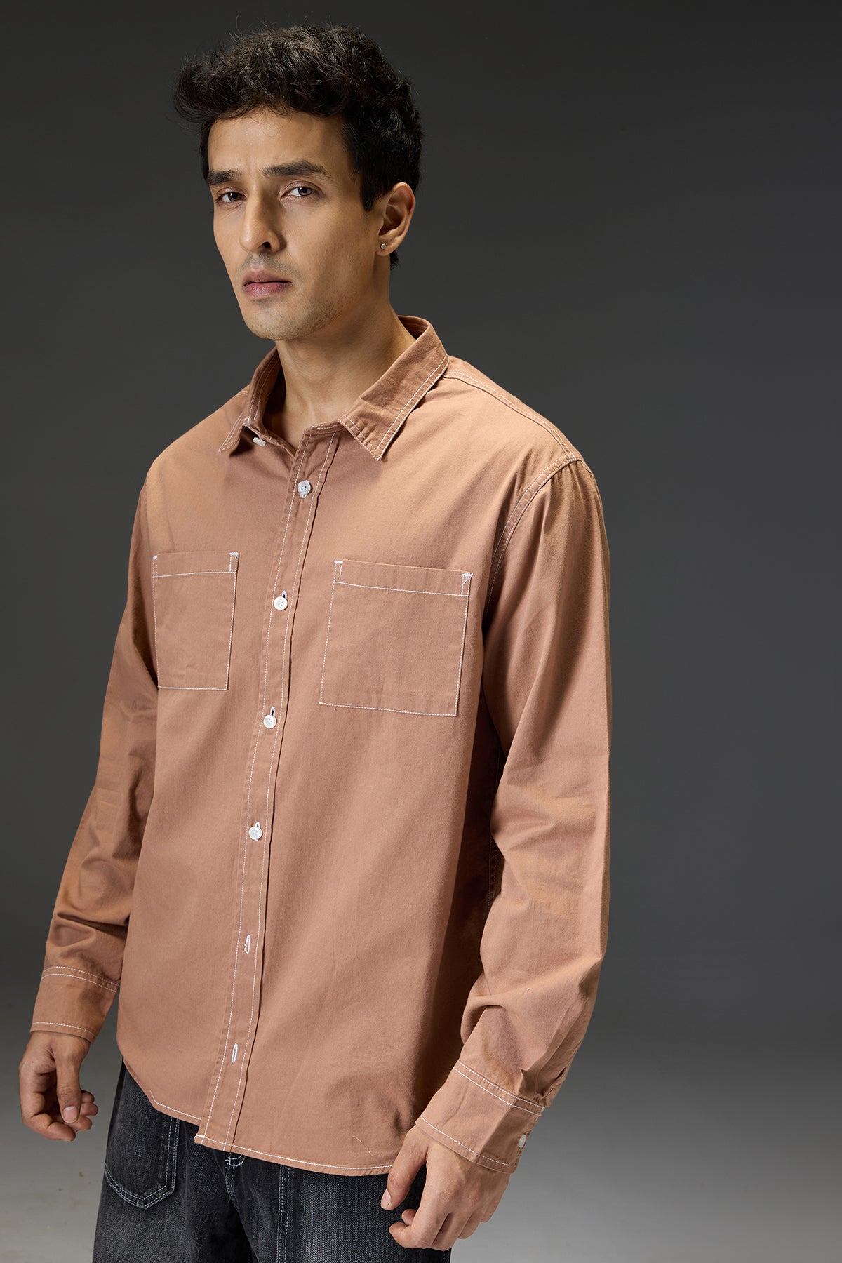 Brown Men's Contrast Stitch Shirt