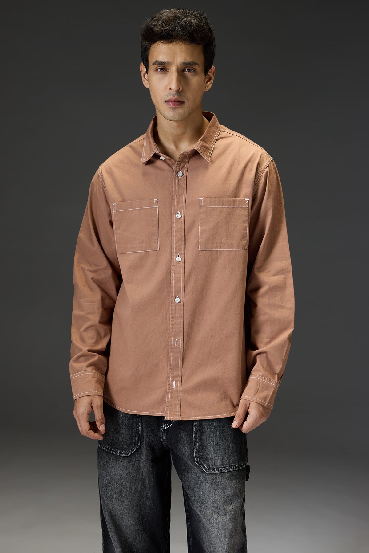 Brown Men's Contrast Stitch Shirt