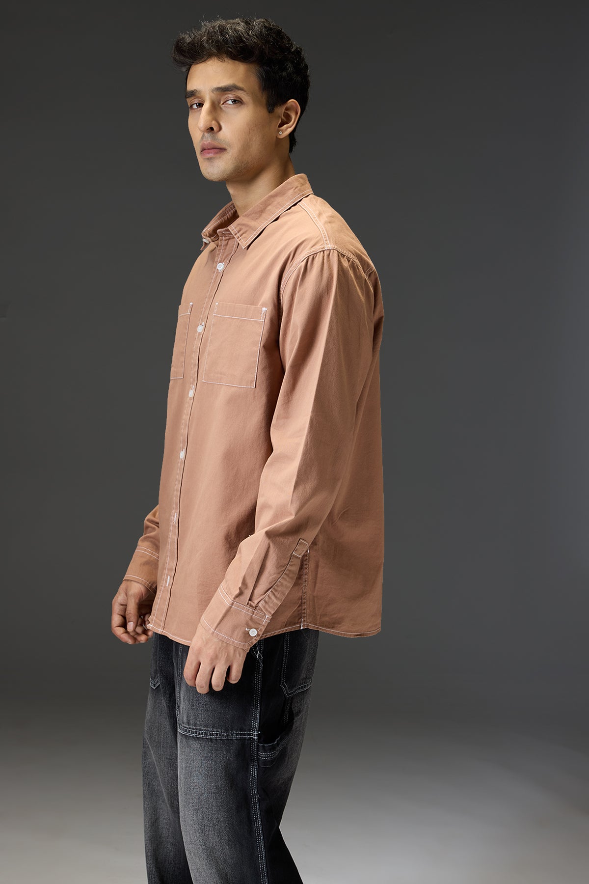 Brown Men's Contrast Stitch Shirt