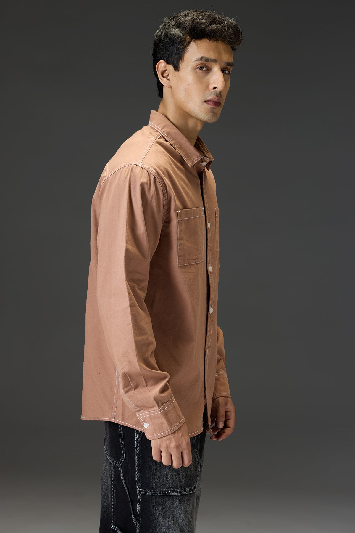 Brown Men's Contrast Stitch Shirt