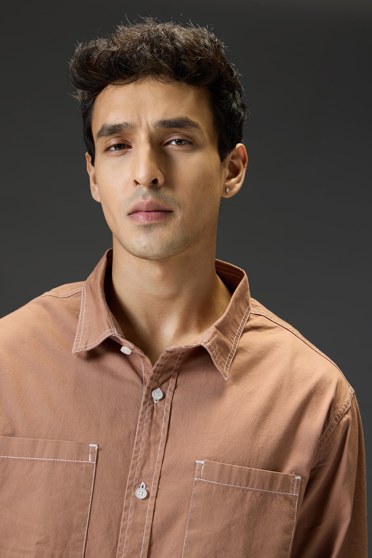 Brown Men's Contrast Stitch Shirt