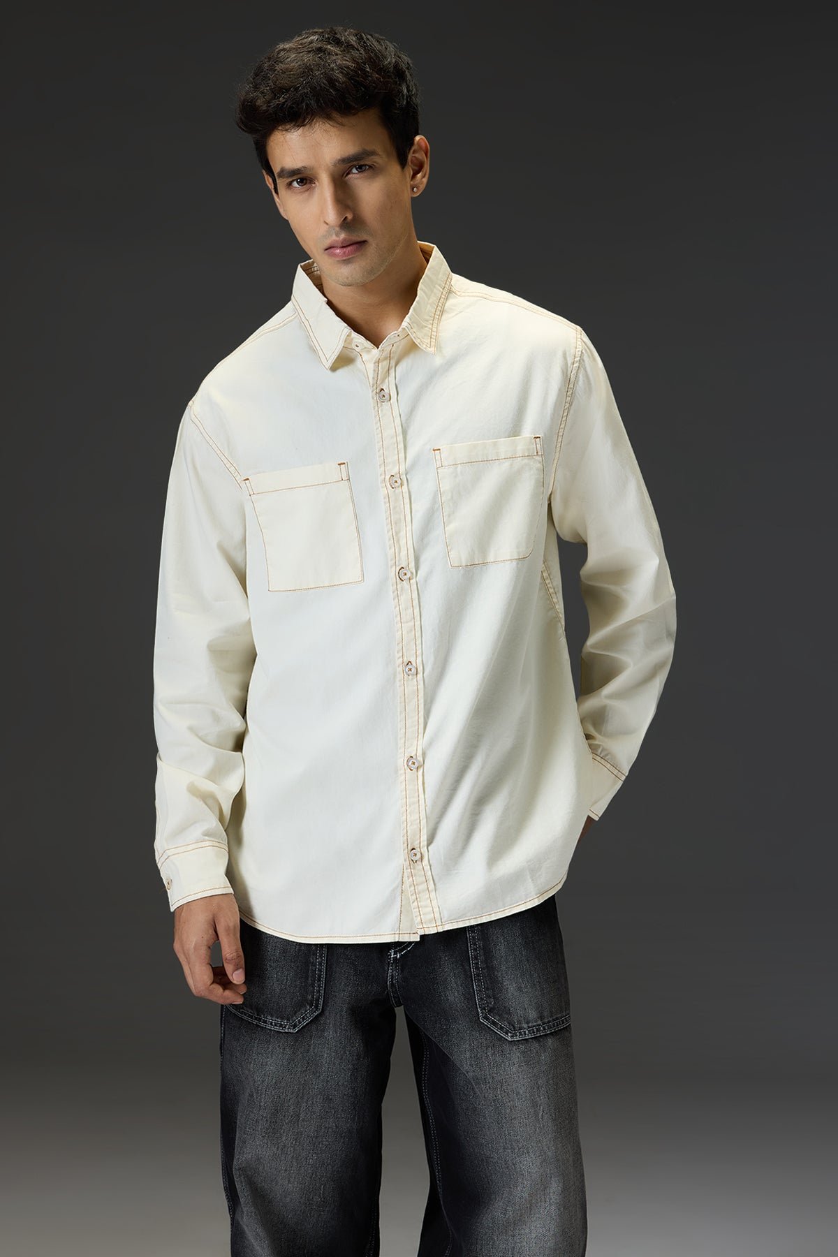 Cream Contrast Stitch Men's Full Sleeves Shirt