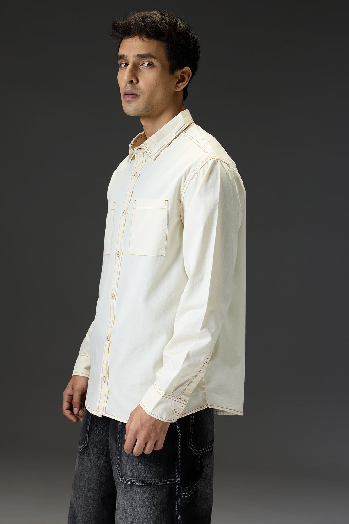 Cream Contrast Stitch Men's Full Sleeves Shirt