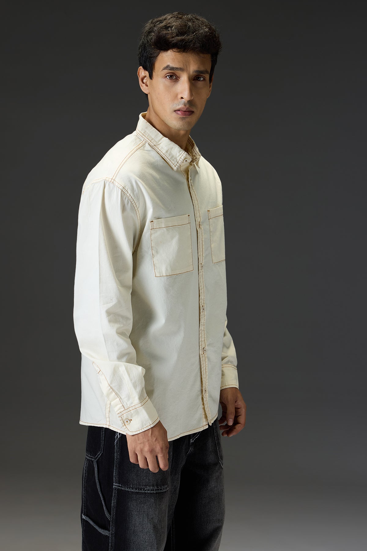 Cream Contrast Stitch Men's Full Sleeves Shirt