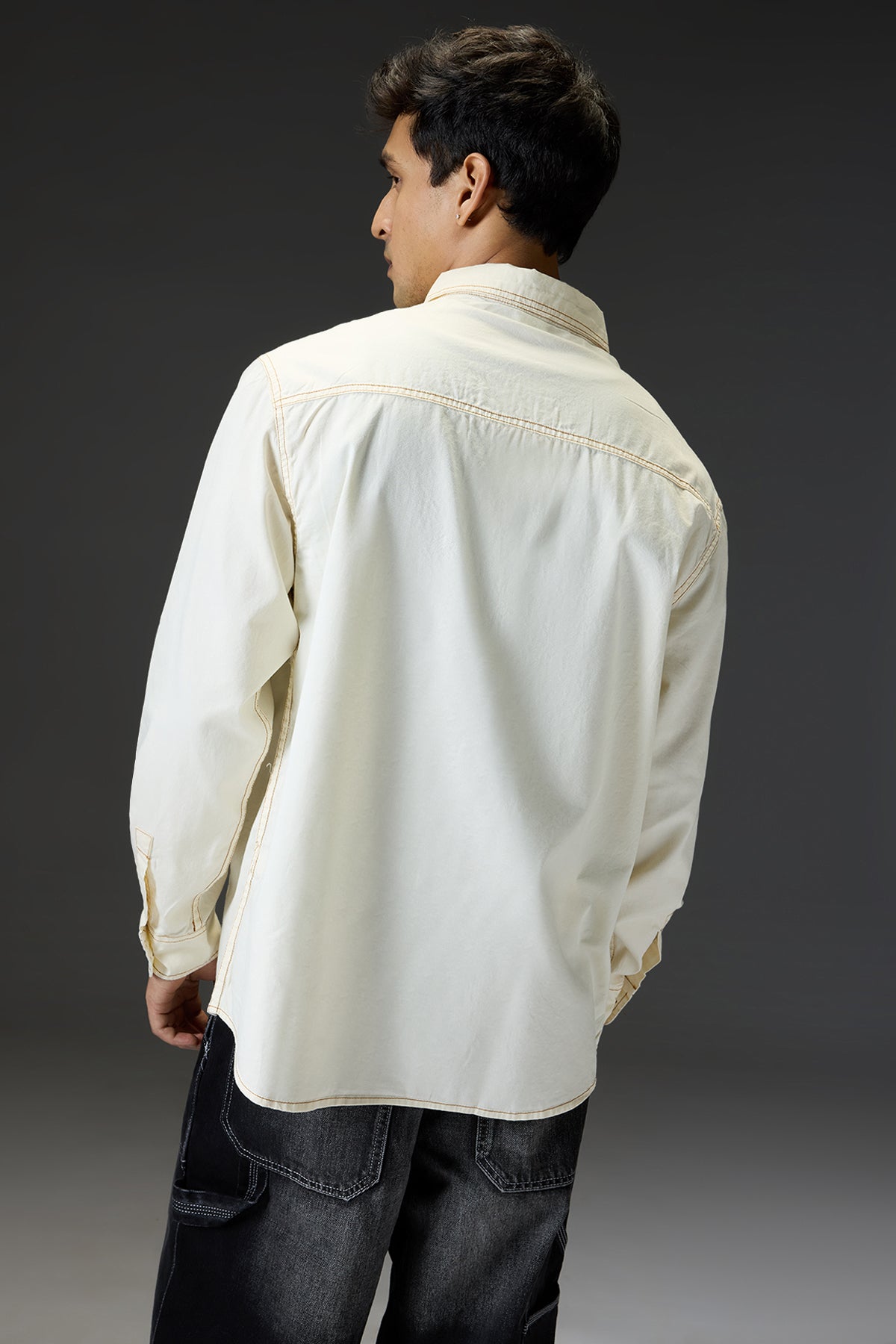 Cream Contrast Stitch Men's Full Sleeves Shirt