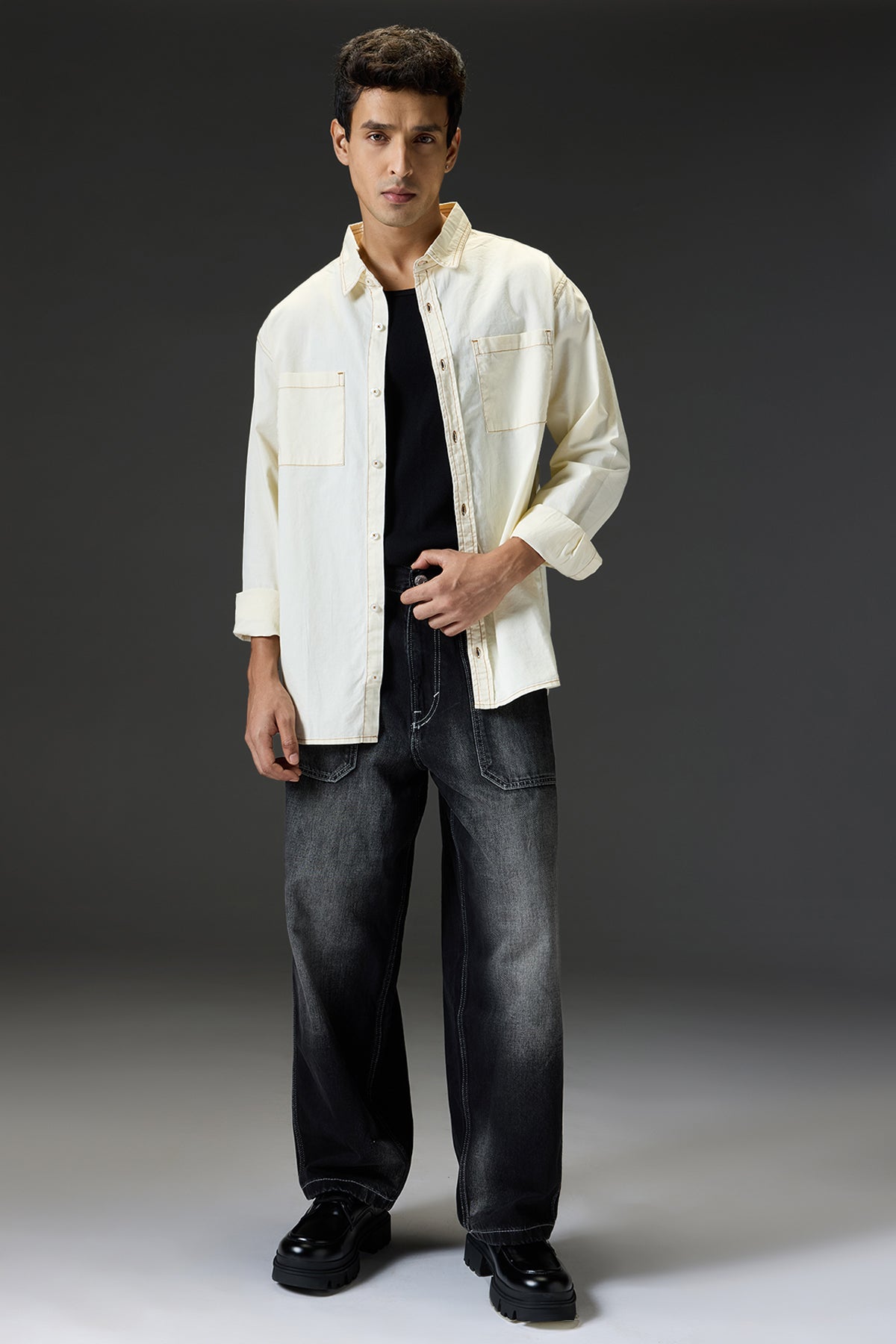 Cream Contrast Stitch Men's Full Sleeves Shirt