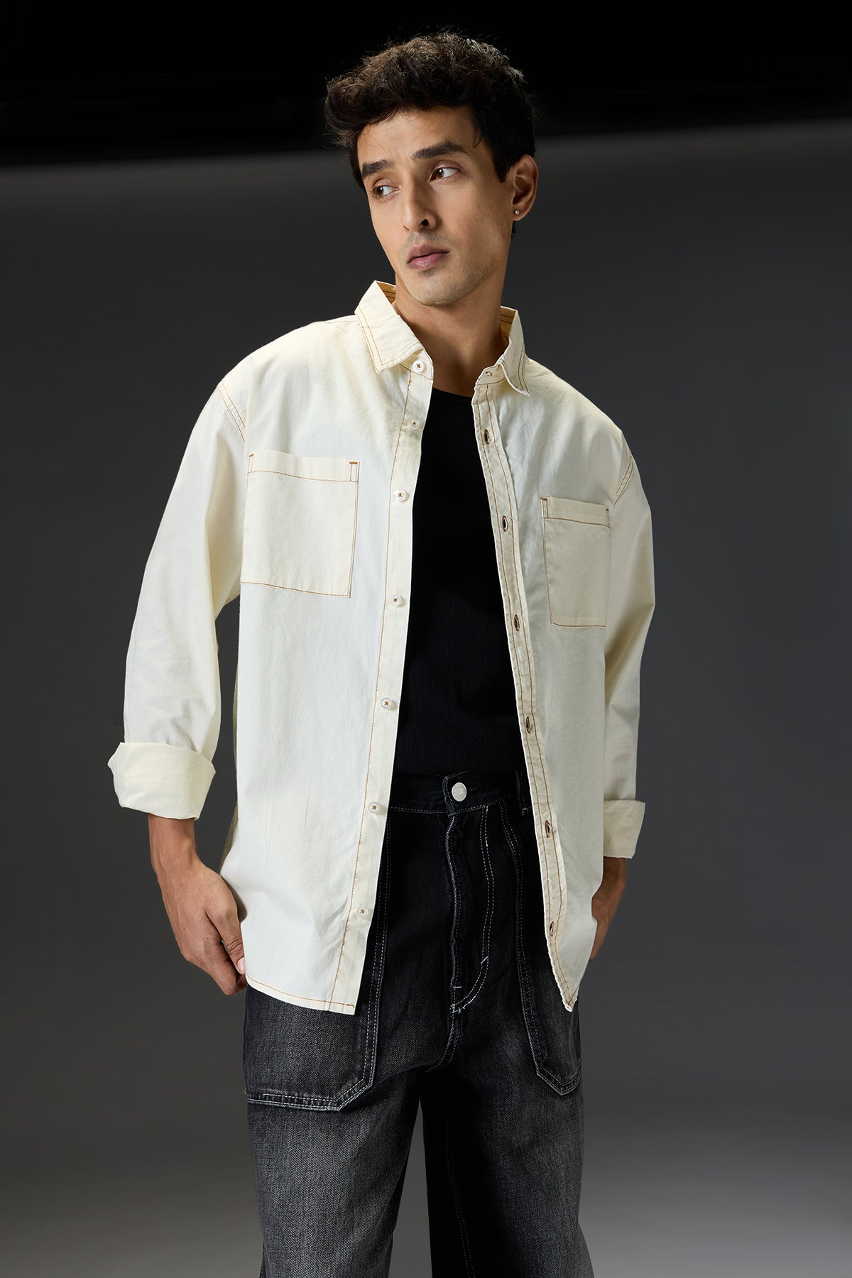 Cream Contrast Stitch Men's Full Sleeves Shirt