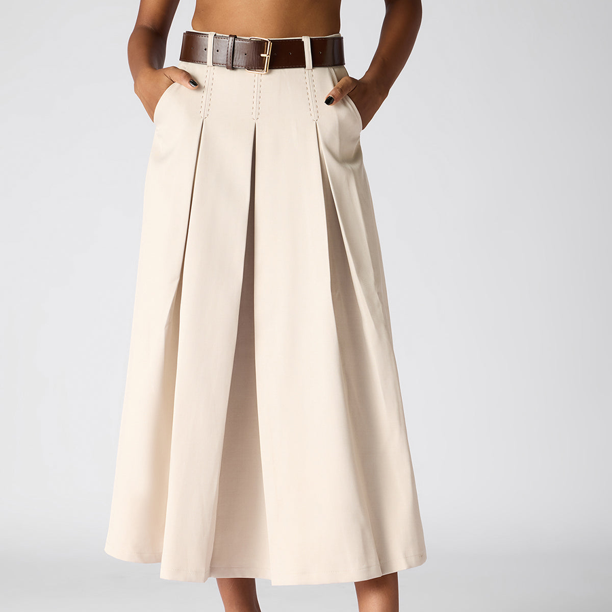 ★RAIVE★ Belt Pleats Skirt in Beige VW3SS10091 Harvé Benard Ltd Khaki Pleated Wool Skirt US 4, 90's