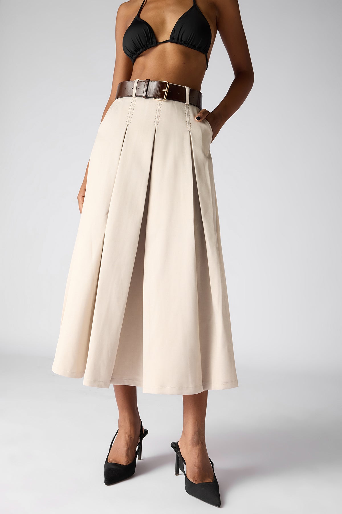 The 9 To 5 Essential Pleated Skirt- Beige