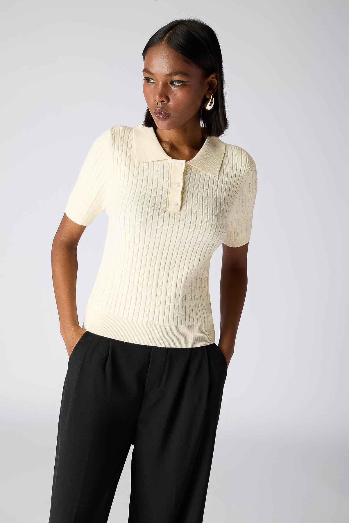 Cable-Knit Polo Top - Lime